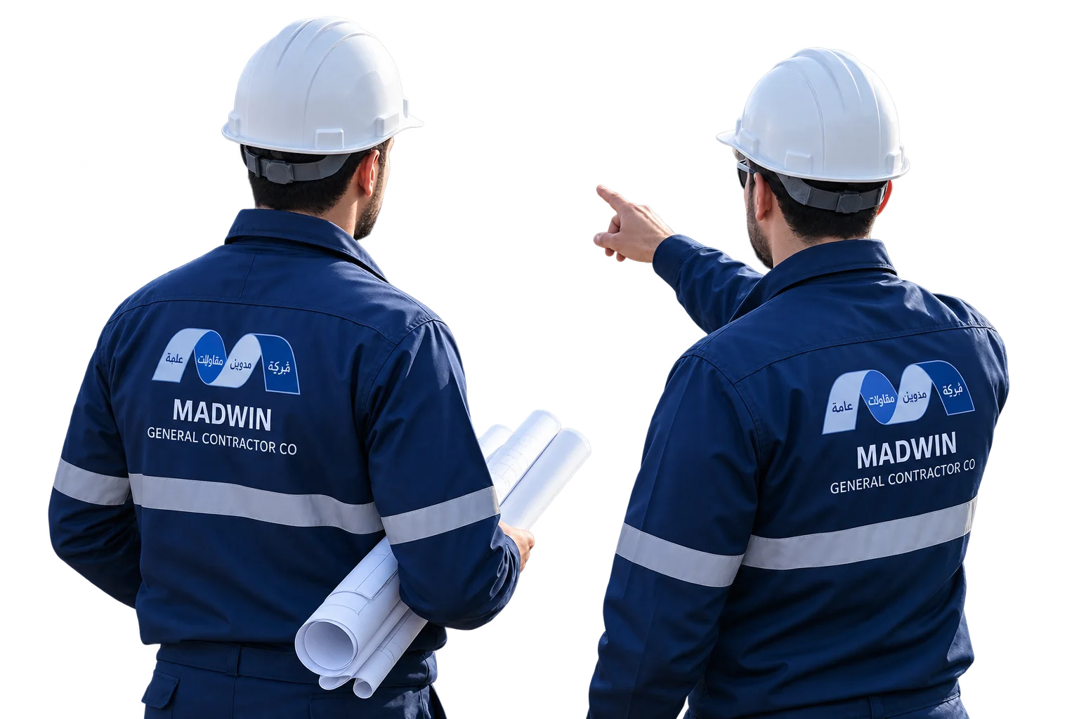 Two Madwin site engineers in branded uniforms and hard hats, viewed from behind