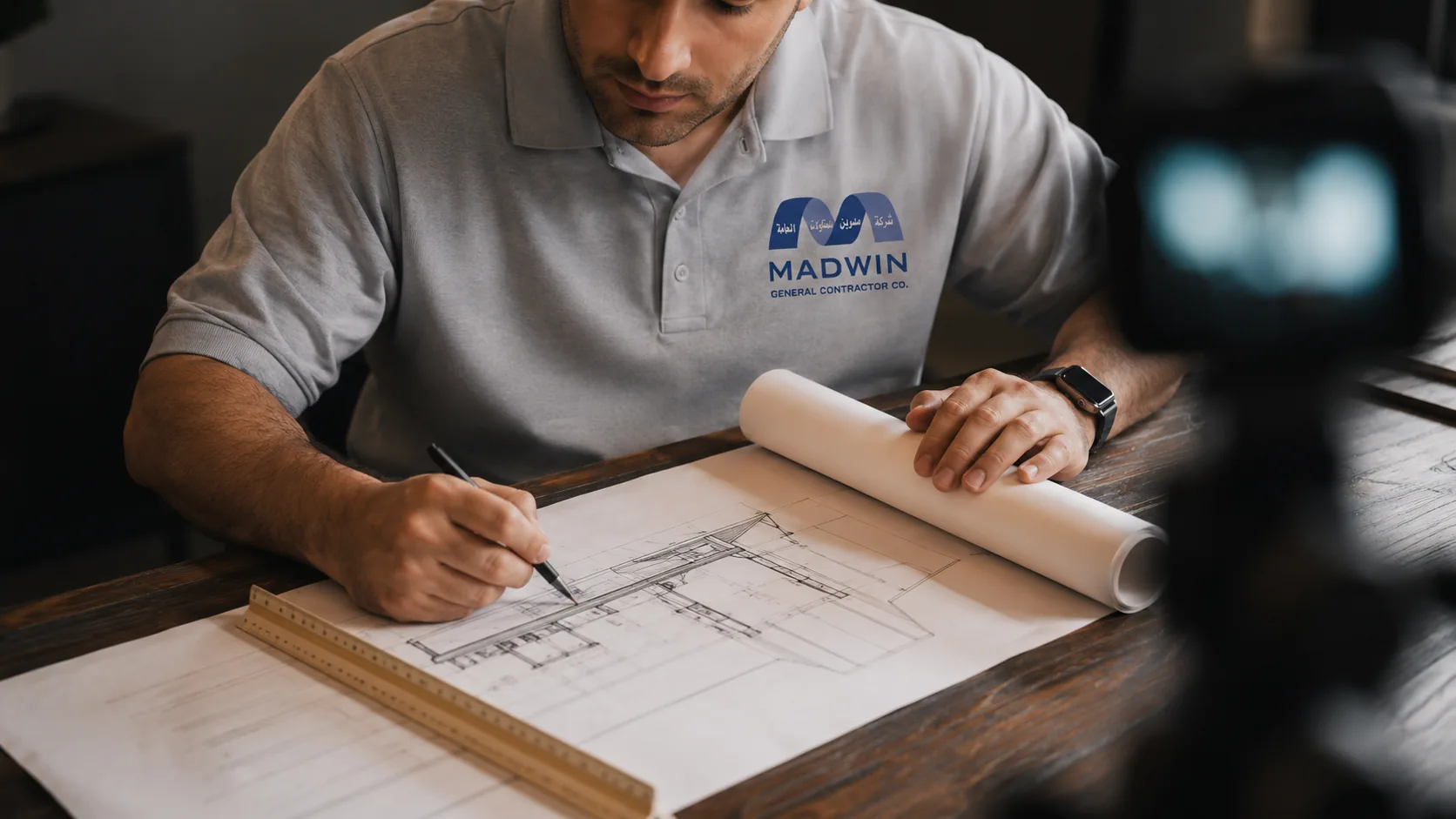 Engineer marking up a technical drawing during project planning